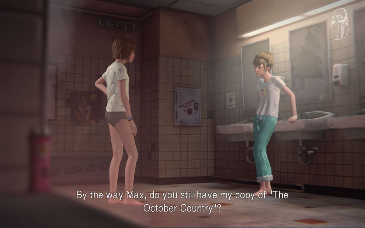 Life Is Strange: Season Pass - Episodes 2-5 (Windows) screenshot: <i>Episode 2</i>: talking to Kate in the bathroom.