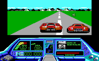Techno Cop (DOS) screenshot: On the bright side, if my car gets wrecked, I can just swap into his -- every vehicle on the road is apparently virtually identical! (EGA)