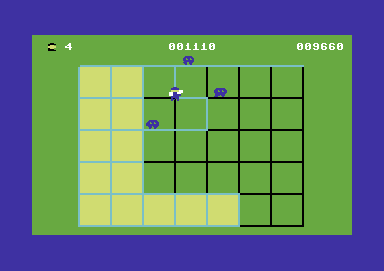 Cuthbert Goes Walkabout (Commodore 64) screenshot: Concentrating on one section of the screen, but a bit surrounded