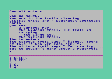 The Hobbit (Commodore 64) screenshot: The troll's clearing - about two locations from your home, and your first good chance to get killed.