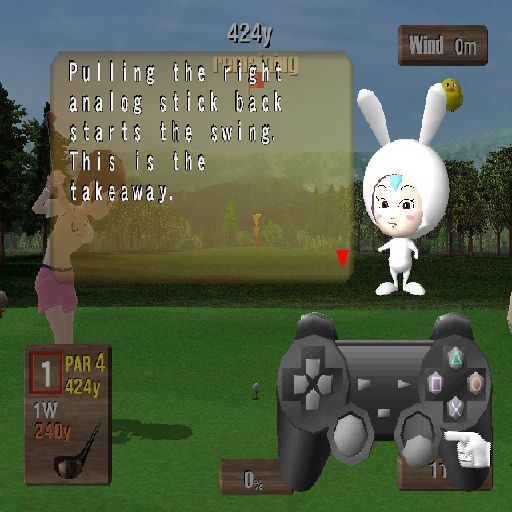 Mr. Golf (PlayStation 2) screenshot: This cute thing with the big ears takes the player through the controls. There are tutorials in all, taking the shot, putting, approach play, spin shots and changing stance