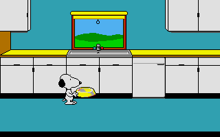 Snoopy: The Cool Computer Game (DOS) screenshot: Here's the kitchen...where's Charlie Brown? I'm hungry...woof!