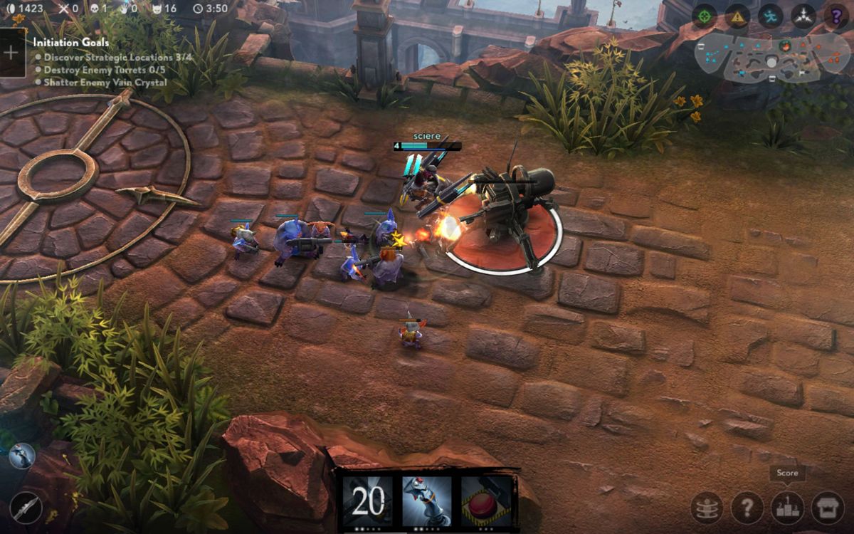 Vainglory (Android) screenshot: Some minions attacking a turret. They are the fodder to distract the turret from attacking you first.