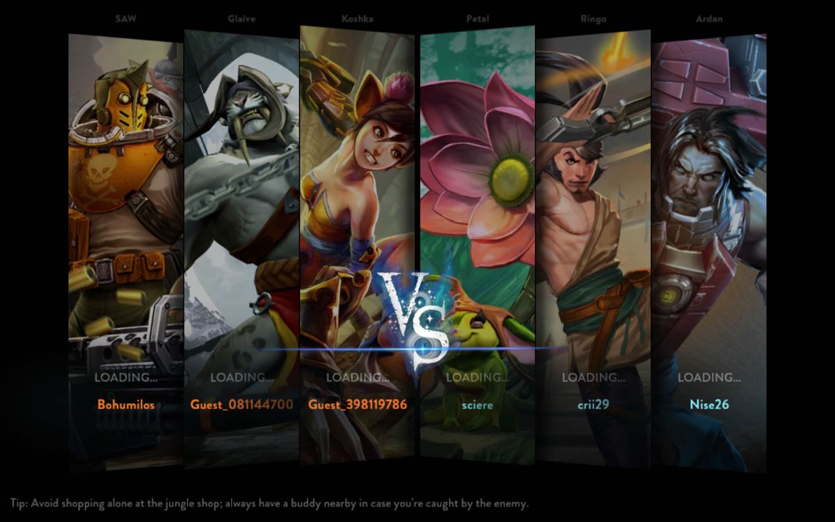 Vainglory (Android) screenshot: The six online players are about to enter the game.