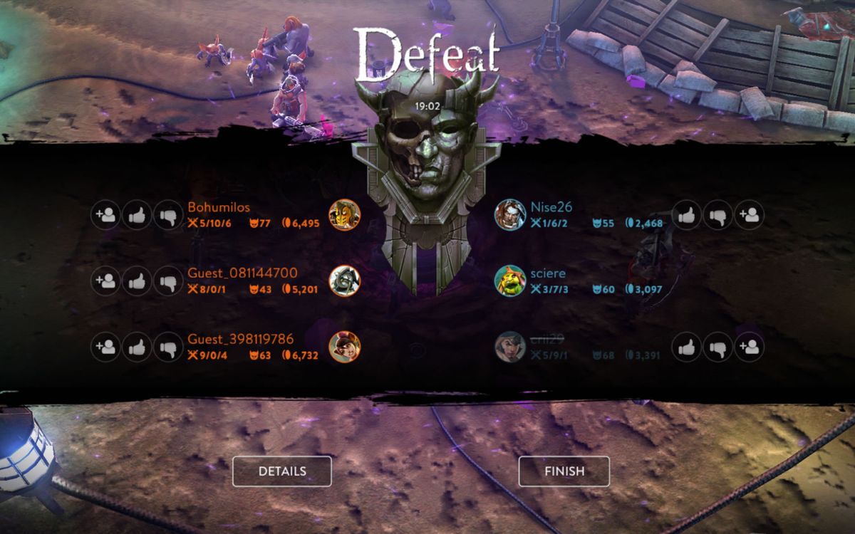 Vainglory (Android) screenshot: Match lost: an overview with karma options to judge the other players.