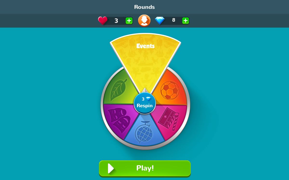 Trivial Pursuit & Friends (Windows Apps) screenshot: Spin the wheel to select a category.