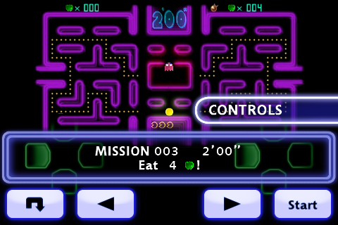 Pac-Man: Championship Edition (iPhone) screenshot: Eat four apples to complete this mission