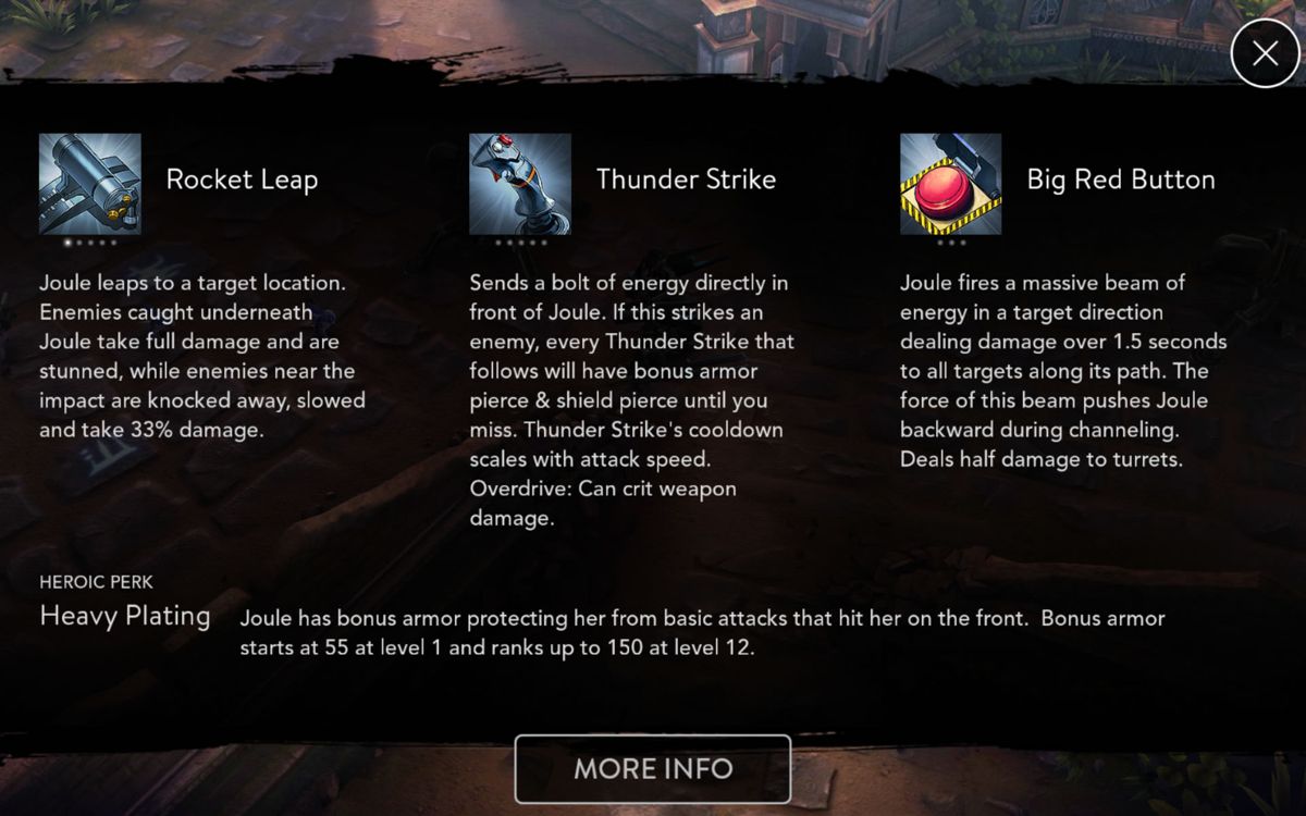 Vainglory (Android) screenshot: Each hero has access to three unique attacks and a heroic perk.