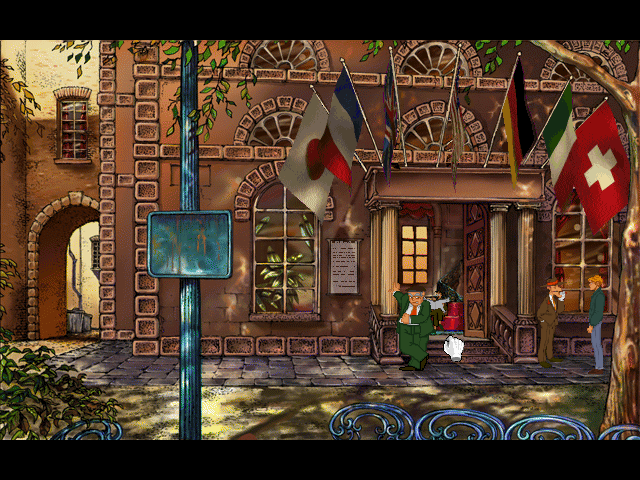Circle of Blood (DOS) screenshot: These two characters in front of the hotel look rather suspicious
