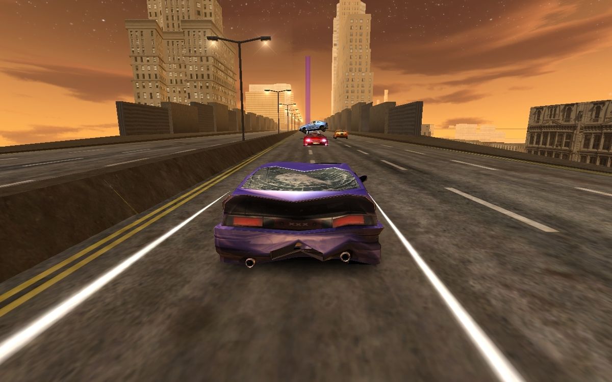 Amsterdam Street Racer (Windows) screenshot: One of the most terrifying sights is an AI car heading towards you, here a red one has bulldozed traffic into the air and is heading my way.
