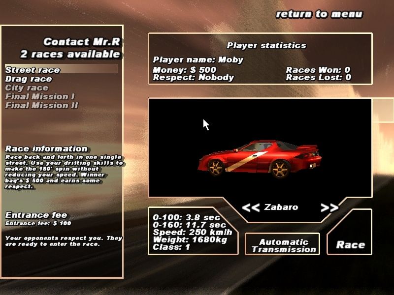 Amsterdam Street Racer (Windows) screenshot: The car/race selection screen<br>There are six cars to choose from and all are available from the start