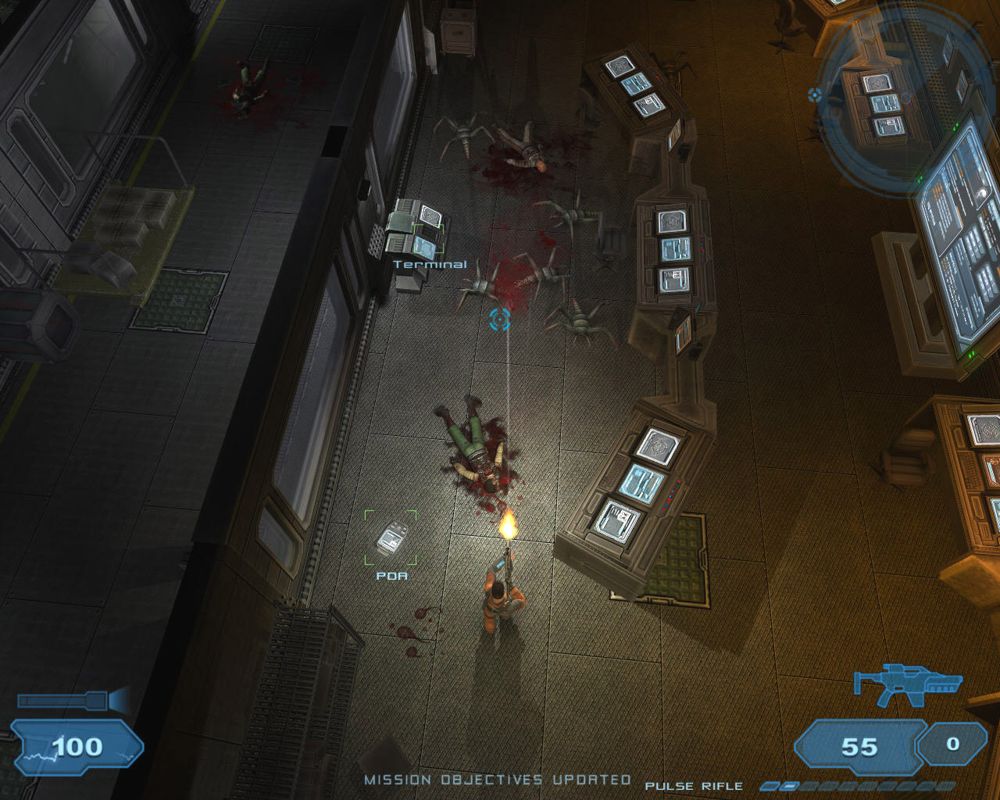 Shadowgrounds (Windows) screenshot: Kill all monsters and get to the terminal.