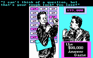 The Honeymooners (DOS) screenshot: Usually the question is regarding Honeymooners trivia but sometimes the game just plays mean.