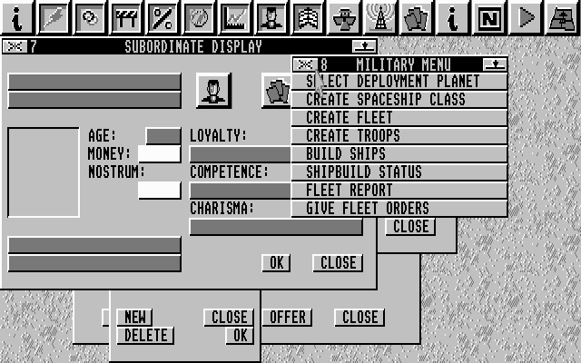 Imperium (DOS) screenshot: Microsoft, eat your heart out! With eight simulated GUI desktop items open simultaneously, why did we ever figure we needed more?