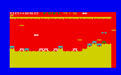 Cavern Fighter (VIC-20) screenshot: Yellow things fly in your way