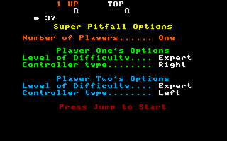 Super Pitfall (TRS-80 CoCo) screenshot: Player options - you can also use keyboard