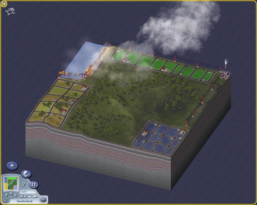 SimCity 4 (Windows) screenshot: The basic layout for my city; Residential in the top right, Industry to the left, and Commercial to the bottom right.