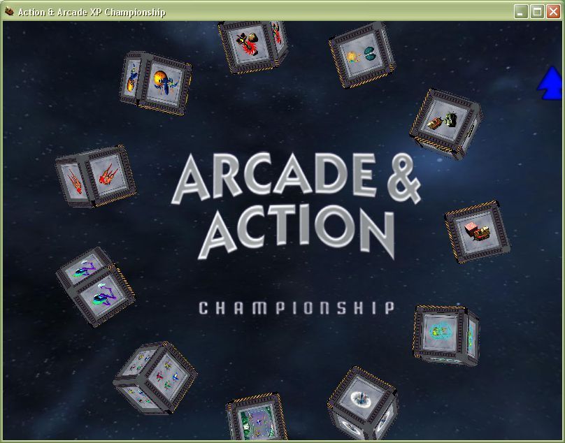 1000 Games: Volume 3 (Windows) screenshot: The Arcade and Action Championship menu. Each cube represents a different game. There are ten cubes with ten games each and one cube that has a single bonus game.