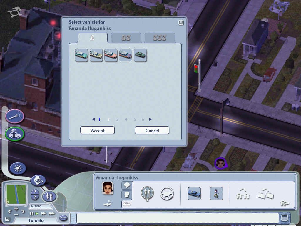 SimCity 4: Rush Hour (Windows) screenshot: You can select whichever vehicle for your Sims, assuming their wealth is good. Here, Amanda Hugankiss will be driving a rusty station wagon.
