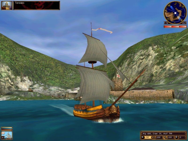 Sea Dogs (Windows) screenshot: Set sail! The visual splendor of the engine can be seen here as this sloop leaves port.