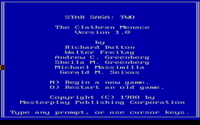 Star Saga: Two - The Clathran Menace (DOS) screenshot: Start menu