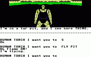 Questprobe: Featuring Human Torch and the Thing (Commodore 64) screenshot: In the tar pit, looking at Thing (European/tape version)