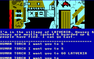 Questprobe: Featuring Human Torch and the Thing (Amstrad CPC) screenshot: In the village of Latveria