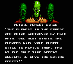 Zen: Intergalactic Ninja (NES) screenshot: Mission briefing for acidic forest