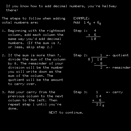 Screenshot of Addition of Octal Numbers (Terminal, 1982) - MobyGames