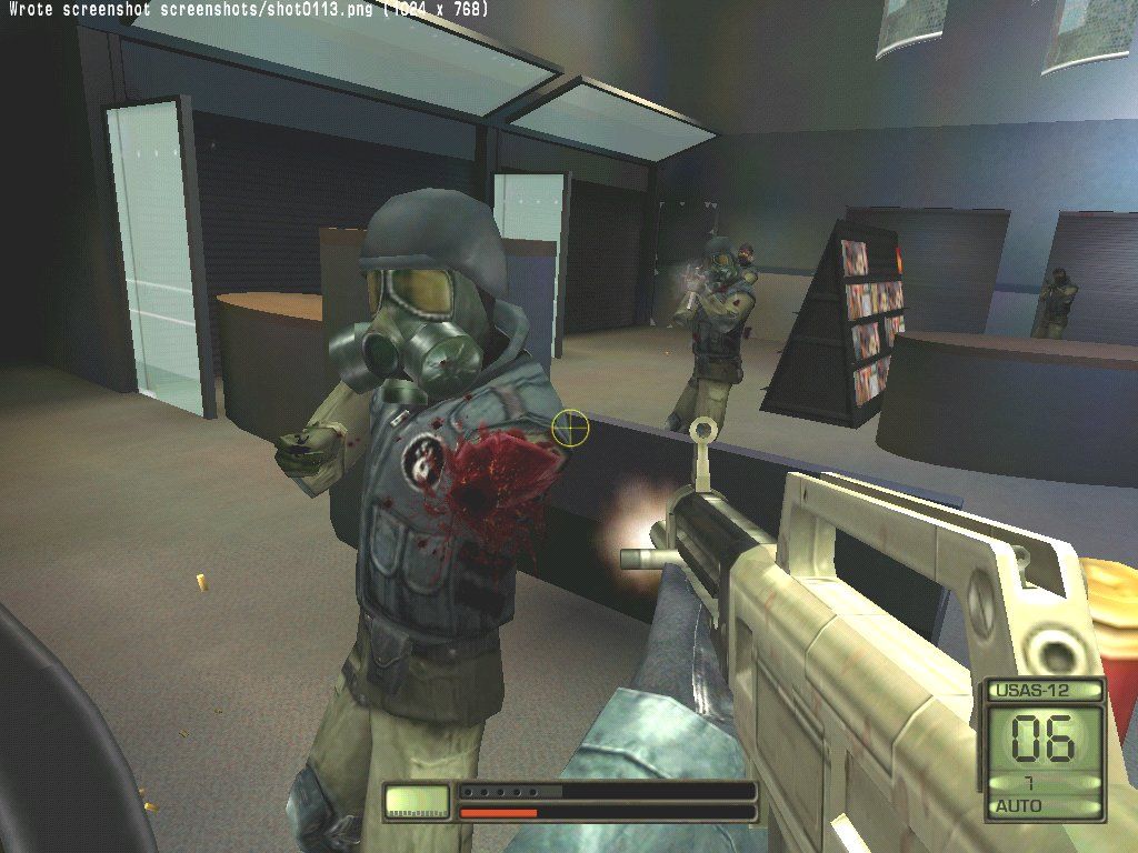 Soldier of Fortune II: Double Helix (Windows) screenshot: In a captured Swiss Airport Mullins does battle with Prometheus, the evil terrorist organization determined to rule the world
