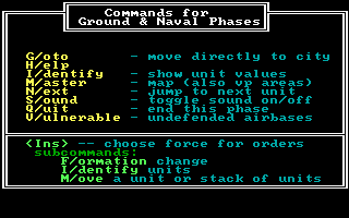 Gulf Strike (DOS) screenshot: Commands for ground and naval phase