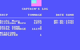 GATO (DOS) screenshot: The captain's log, showing your kills.