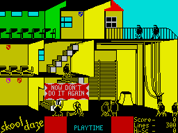 Skool Daze (ZX Spectrum) screenshot: I got lines for shooting the Headmaster. >:-)
