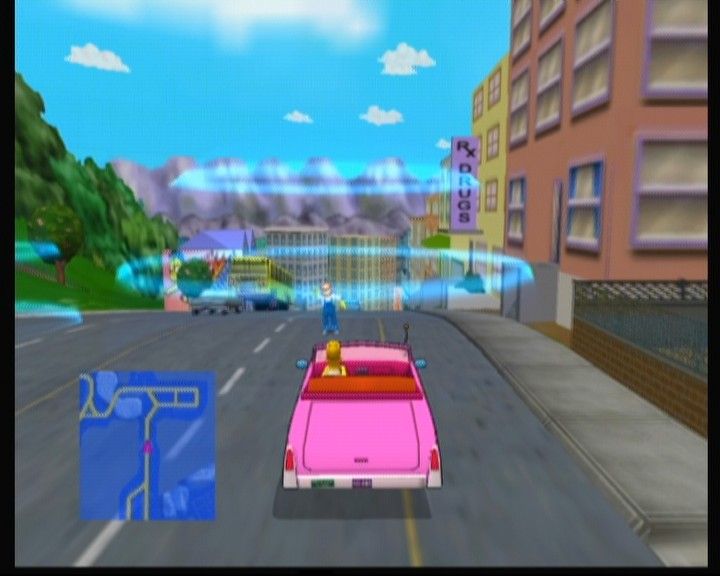 The Simpsons: Road Rage (Xbox) screenshot: When noone's in the car, blue fields will mark the willing passengers.