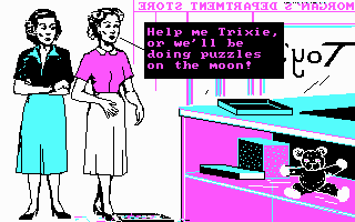 The Honeymooners (DOS) screenshot: Alice and Trixie drop a jigsaw puzzle which must be put back together