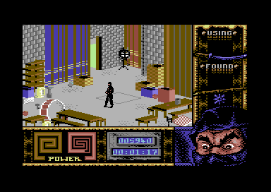 Ninja Remix (Commodore 64) screenshot: Level 1, "Central Park": Backstage.<br> The key to the lake is somewhere here.