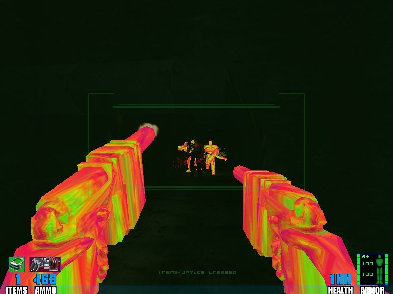 SiN: Wages of Sin (Windows) screenshot: Midway through the game, you'll get thermo optical goggles which really make those pesky guards stand out in the dark.