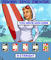 Sexy Poker 2004 (J2ME) screenshot: A game of video poker against Kelly on the beach