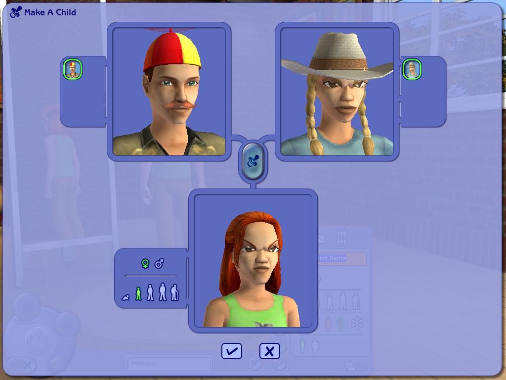 The Sims 2 (Windows) screenshot: With two adults, you can create a child using genetics, which are characteristics from both parents.