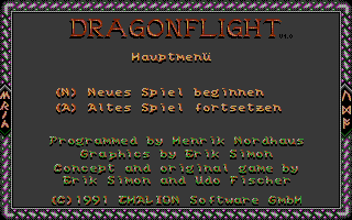 Dragonflight (DOS) screenshot: Start menu