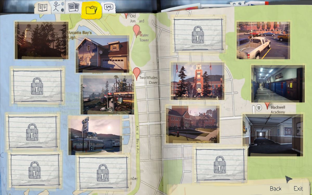 Life Is Strange: Season Pass - Episodes 2-5 (Windows) screenshot: <i>Episode 3</i>: an overview of the locations that have been unlocked so far.