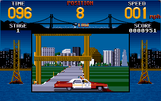 Cisco Heat: All American Police Car Race (DOS) screenshot: Spinning out after hitting an obstacle. (VGA)