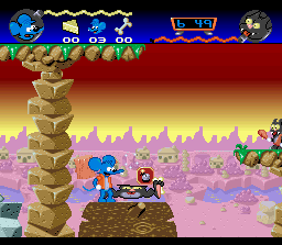 The Itchy & Scratchy Game (SNES) screenshot: Flattened by a Mallet, Itchy overcomes Scratchy