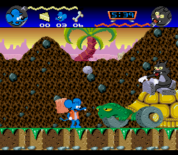 The Itchy & Scratchy Game (SNES) screenshot: A boss fight, Scratchy has gotten a giant turtle
