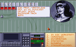 Der Planer (DOS) screenshot: The "truck pool". This nice lady keeps you informed about arrivals
