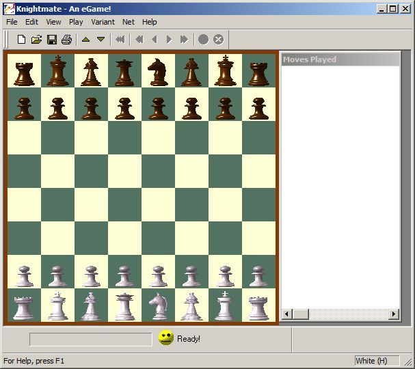 Chess (Windows) screenshot: The board layout for Knightmate, where the king and knight have been swapped