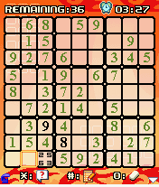 Platinum Sudoku (J2ME) screenshot: You can temporarily add four numbers into a single cell to keep the options open.
