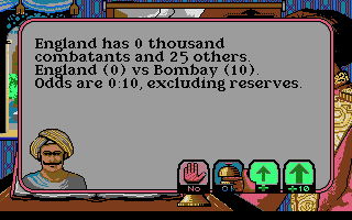 Champion of the Raj (DOS) screenshot: Adjusting troop levels for battle. (VGA)