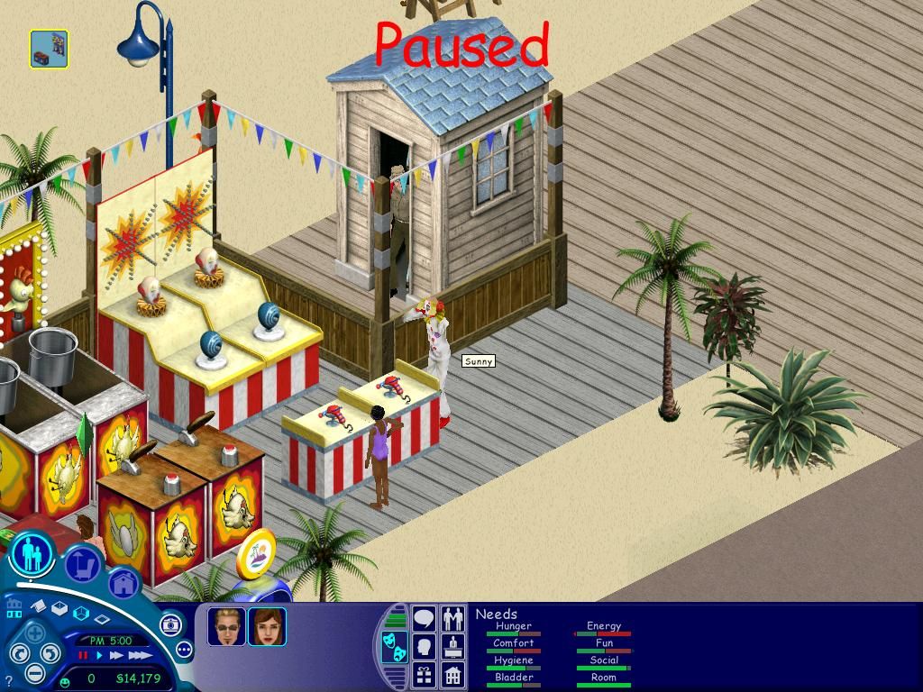 The Sims: Vacation (Windows) screenshot: The Tragic Clown appears, and, as always, ruins your mood.