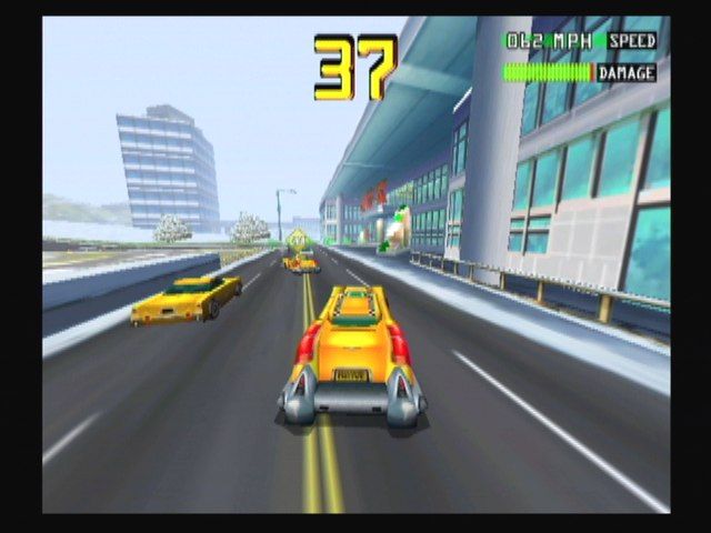 Smashing Drive (GameCube) screenshot: The other car is your "enemy."